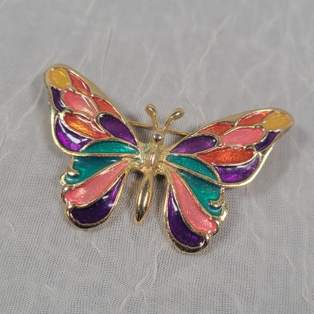Butterfly Enamel Brooch Pin Multi Color Wings Nature Style Gold Tone Jewelry
